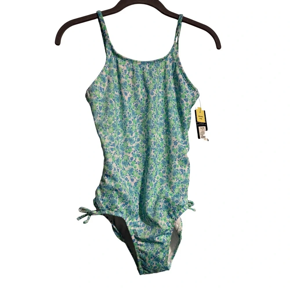 Art Class Girls XL 14 Floral One Piece Swimsuit Blue Green Ribbed UPF 50+ NWT